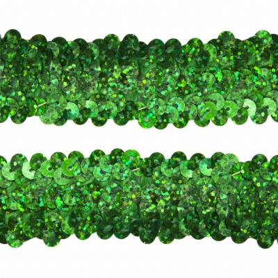 Тесьма с пайетками D4, шир. 30 мм/уп. 25+/-1 м, цвет зелёный - купить в Махачкале. Цена: 1 087.39 руб.