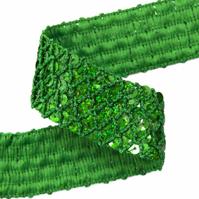 Тесьма с пайетками D4, шир. 35 мм/уп. 25+/-1 м, цвет зелёный - купить в Махачкале. Цена: 1 321.65 руб.